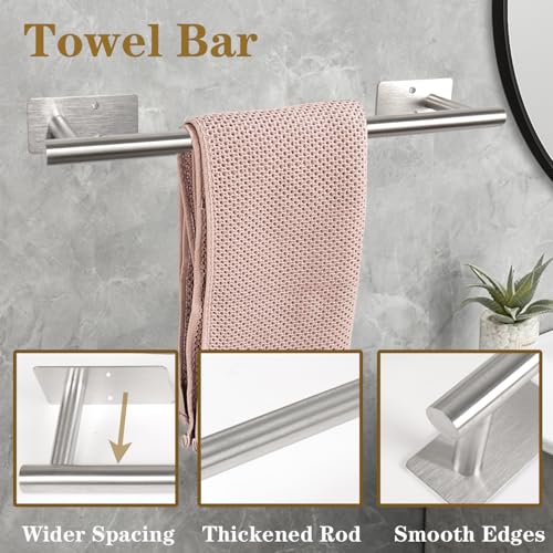Brushed Nickel Adhesive Towel Bar - 16 Inch Stainless Steel Holder for Bathroom