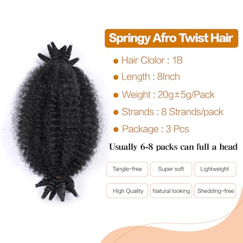YUFEIHE 8 Inch 1B Marley Twist Braiding Hair - Pack of 3, Natural Black