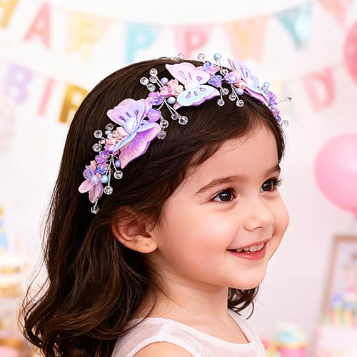 Urieo Girl Flower Headband with Butterfly and Crystal Beads Wedding Hair Accessory