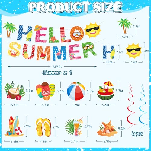 Hello Summer Party Decorations Set - Beach Theme Decor with Banners, Swirls & Fringe Curtains