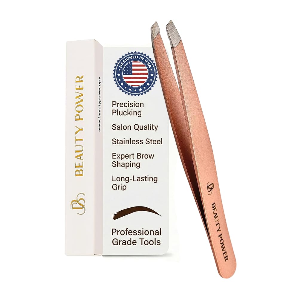 Beauty Power Slant Tip Precision Tweezers - Stainless Steel Eyebrow Tweezers for Women & Men - Precision Tweezers for Facial Hair, Ingrown Hair & Brow Shaping - Professional Beauty Tool (Rose Gold)