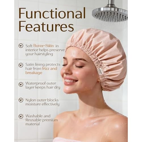 Yanibest Satin Lined Shower Cap for Women Reusable Waterproof, Frizz Free & Large Bath Cap with Soft Elastic Band, Luxury Hair Protection Caps (Peachy Pink)