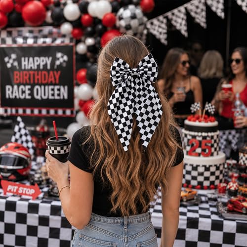 Oversized Black and White Checkered Hair Clip with Bow