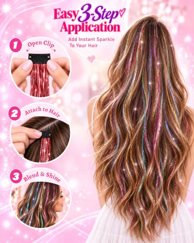 Edoneery Colorful Fairy Hair Tinsel Clip-In Extensions 19.7 Inch for Party & Festival