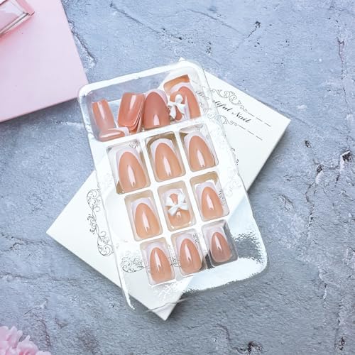 24 Pcs Bow French Tip Press On Nails - Short Square Design