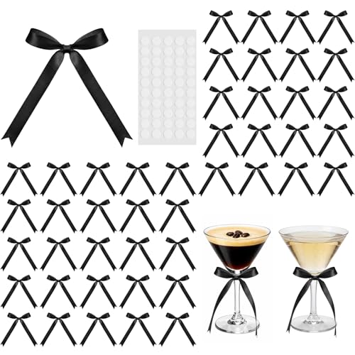 Riceshoot 50 Pcs Black Mini Satin Ribbon Bows for Wine Glasses
