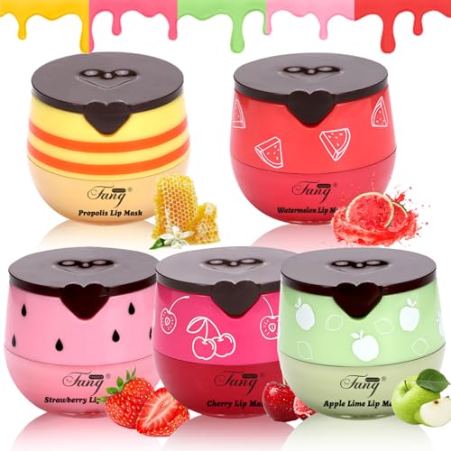 5 Pcs Bee Lip Balm Set - Honey, Strawberry, Watermelon, Apple Lime, Cherry - Moisturizing Overnight Lip Mask