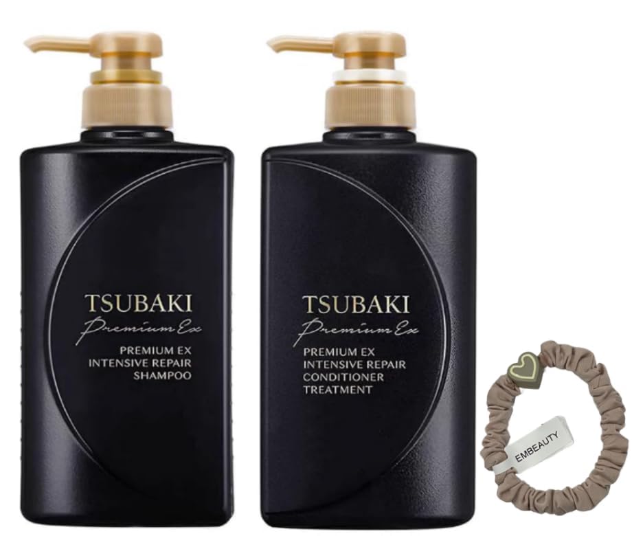 Premium Tsubaki EX Intensive Repair Shampoo & Conditioner Set - Black Series for Damaged Hair (400ml Each) | Includes Hair Tie
