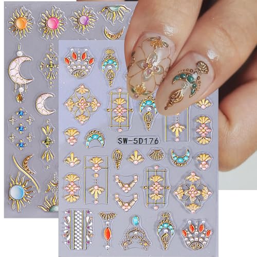 5D Gold Nail Stickers Sun Moon Flower Embossed Decals for Nail Art