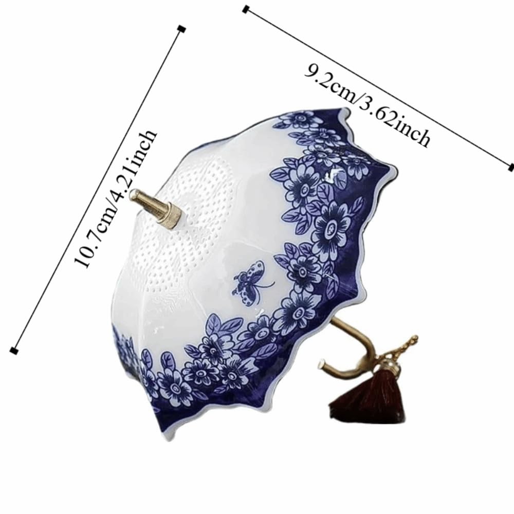 Ceramic Umbrella Tea Strainer with Tassel Chinese Traditional Style Tea Infuser, Ceremony Accessories with Tassel(Blue Flower)