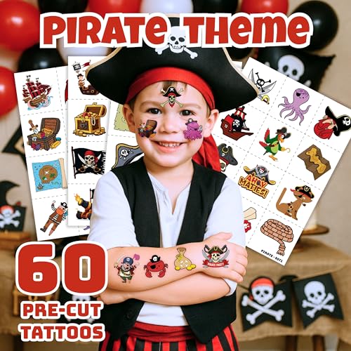 Pirate Temporary Tattoos for Kids - 60 Pre-Cut Party Favors