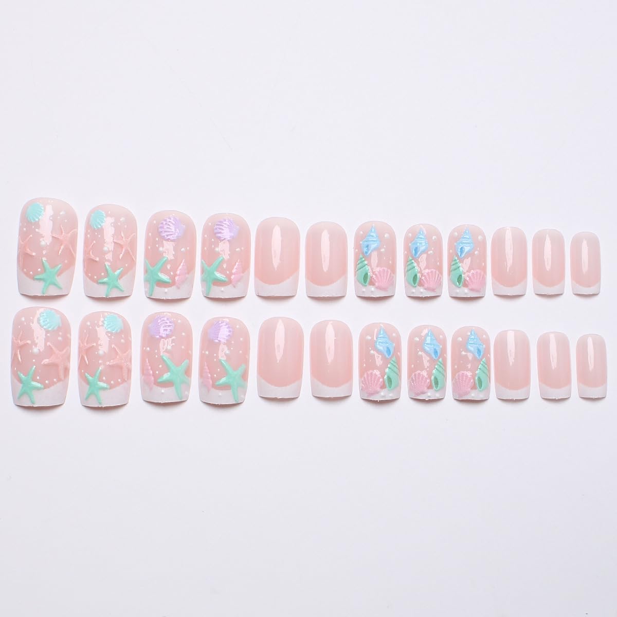 Press On Nails - Short Square Beach Design with Starfish & Shells | 24 Pcs Full Cover Acrylic Fingernails for Women