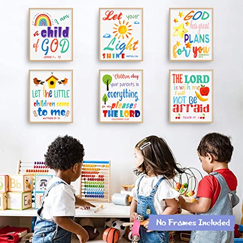 Set of 6 Inspirational Kids Canvas Posters - Rainbow Bible Verse Wall Art 8x10