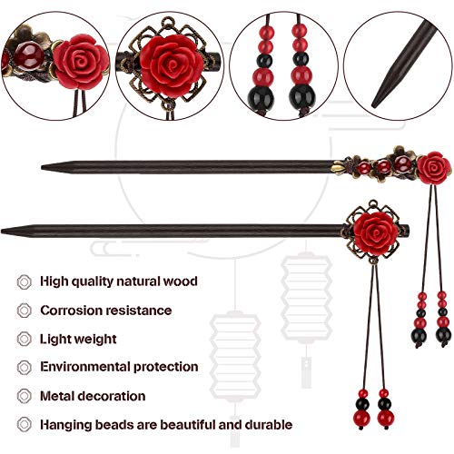 WILLBOND 2-Piece Chinese Wooden Hair Sticks with Flowers