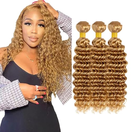 ZHAOXI WIG Honey Blonde Deep Wave Hair Bundles 14-18 Inch #27DP