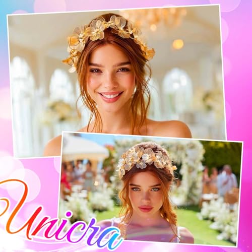 Unicra Gold Bridal Wedding Hair Vine with Pearls & Flowers - Elegant Headpiece for Brides & Women
