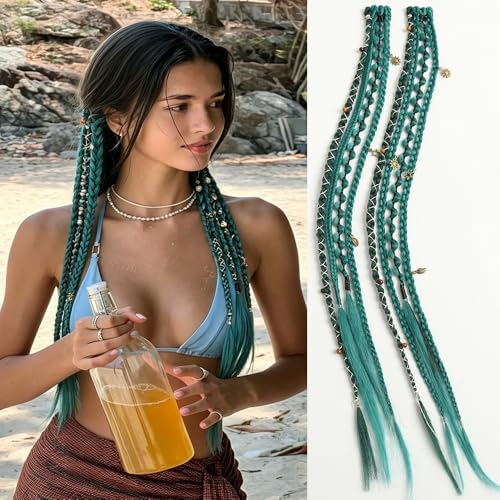 Eliza Green Braid Hair Extensions - 20" Clip-In Dreadlocks with Beads