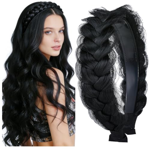 Black Braided Headband - Handmade Wide Braid Hair Hoop for Women