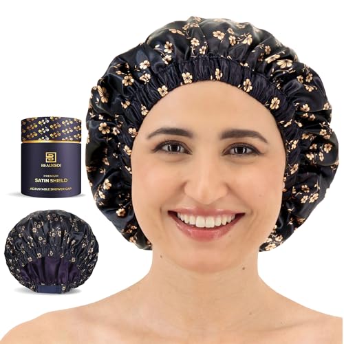 Satin-Lined Luxury Shower Cap for Women - Fleur de Nuit Design, Adjustable & Waterproof