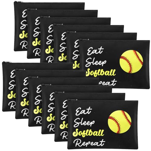 12 Pcs Softball Team Makeup Bags - Canvas Travel Toiletry Pouch for Sports