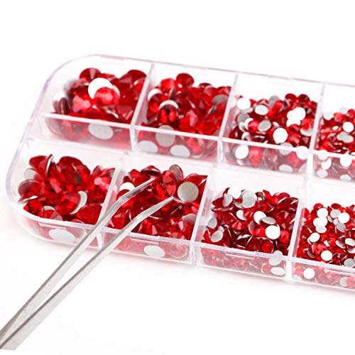 PHOGARY 3000-Piece Red & Black Flat Back Rhinestones Set 2-5mm with Pick-Up Tweezers
