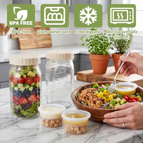 32oz Wide-Mouth Glass Salad Jars 2-Pack with Dressing Containers