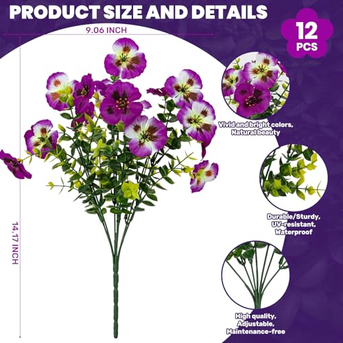 12 Bundles of UV Resistant Artificial Pansy Flowers - Light Purple & Red