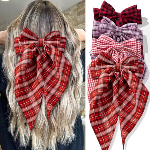 FDBJulyy 4 Pcs Hair Bows for Women & Girls - Red, Wine, Purple & Checkerboard Red