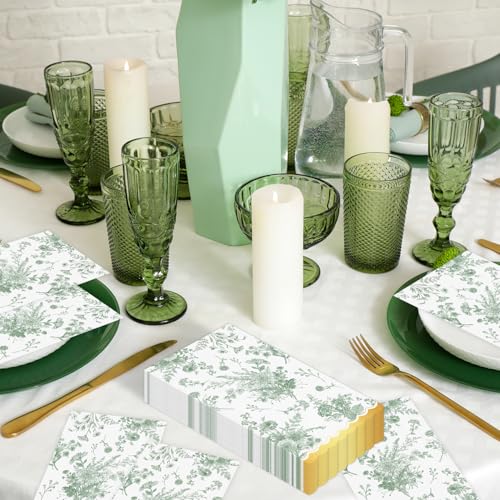 80 Pcs Green Floral Disposable Napkins with Gold Foil - Vintage Style