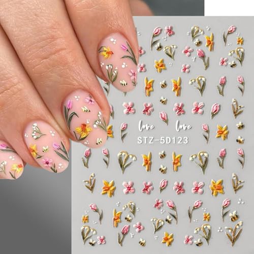 5D Summer Nail Stickers - Floral Bee & Ladybug Decals (3 Sheets)