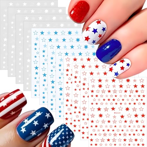 12 Sheets Independence Day Star Nail Stickers - Red, White, Blue