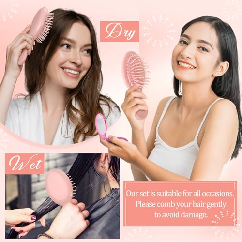 Pink 24 Pcs Mini Detangling Hair Brush & Compact Mirror Set for Spa & Travel