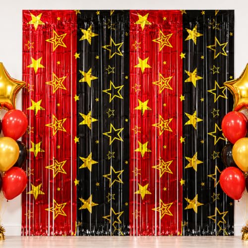 Movie Night Foil Fringe Curtains Backdrop - 2 Pack, 3.3 x 6.6 Ft Red & Black