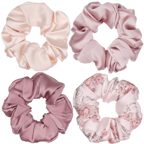 100% Mulberry Silk Hair Ties Set of 4 - Roses, Pink Beige, Lotus Pink, Cameo Brown