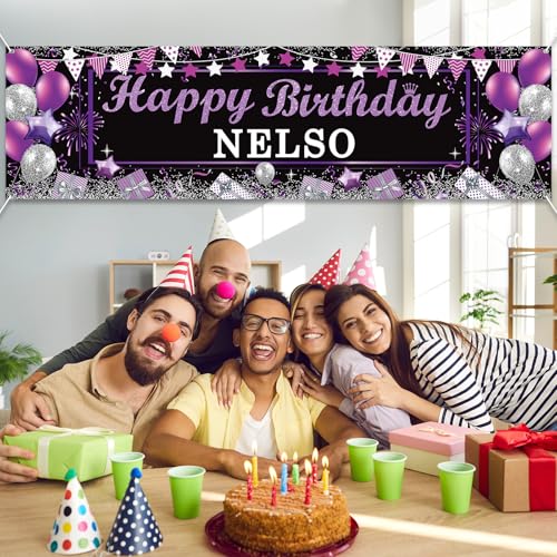 Personalized Black & Purple Happy Birthday Banner with Custom Name