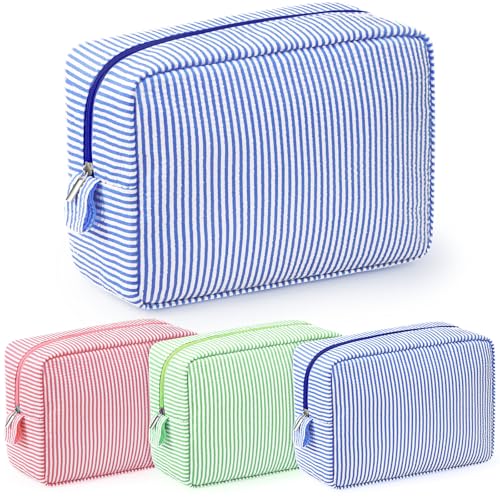 Sanwuta 3-Pack Seersucker Makeup Bags for Women - Pink, Blue, Green