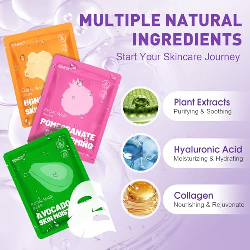 KONEUK 24 Pack Face Masks Set - Hydrating, Soothing Skincare with 12 Types - B-24 Pack