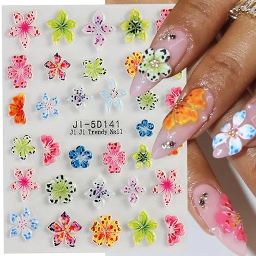 MIXFOSAHN 3D Flower Style Nail Stickers Self-Adhesive Colorful Floral Art Set - 4 Sheets
