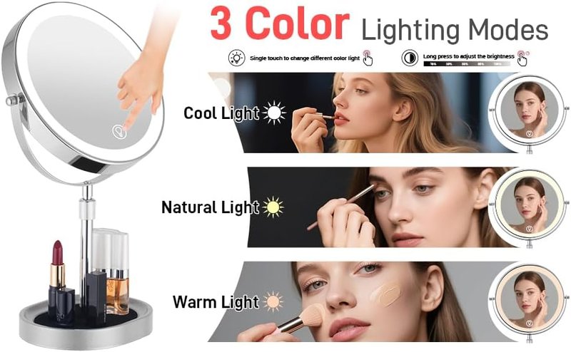 Adjustable-Height Rechargeable Makeup Mirror - 3 Color Lights, Touch Screen, 8'' Dual-Sided 1X/10X | 360° Rotation with Jewelry Tray