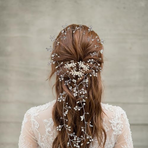 Naturahand Silver Wedding Crystal Hair Vine with Pearls for Bridal & Bridesmaids