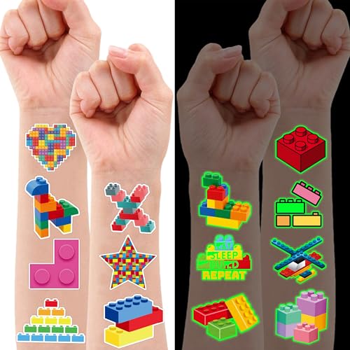 96PCS Building Block Temporary Tattoos for Kids, Glow-in-Dark Party Favors