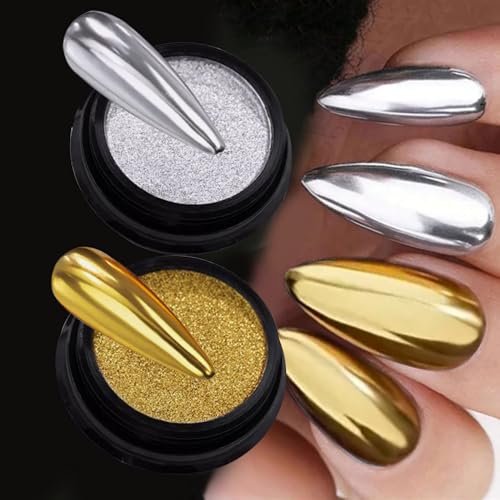 Gold & Silver Chrome Nail Powder Set - Glitter Pigment Kit