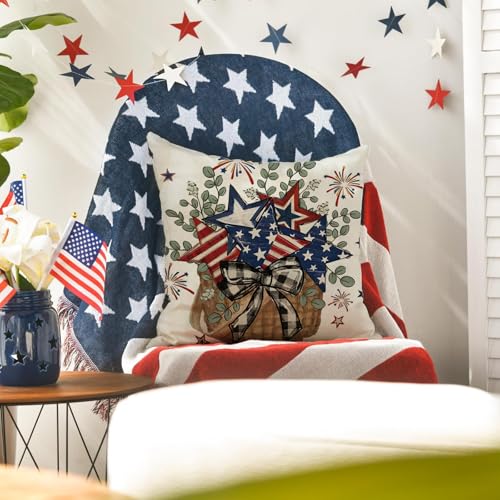 Patriotic Pillow Covers Set of 4 - 18x18 Inch Red, White & Blue