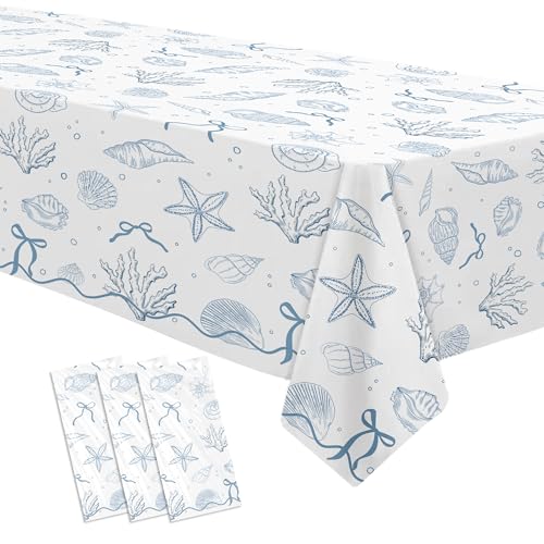Coastal Seashell Tablecloths - 3 Pack, 55x86in Disposable for Beach Parties