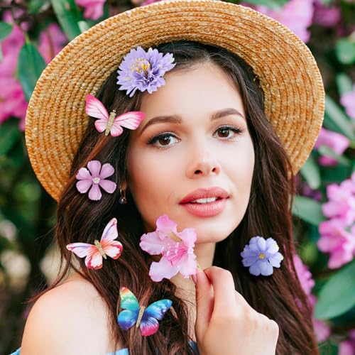 Bencailor 30 Pcs Flower & Butterfly Hair Clips for Women - Blue & Purple