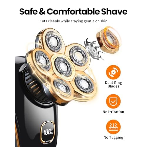 PRITECH Head Shavers for Bald Men, Type-C Charge Electric Razor with 6 Rotary Blades, Waterproof Shaving Grooming Kit, Turbo Speed & Precision Blades, LED Display & Detachable Blade Head(Black)