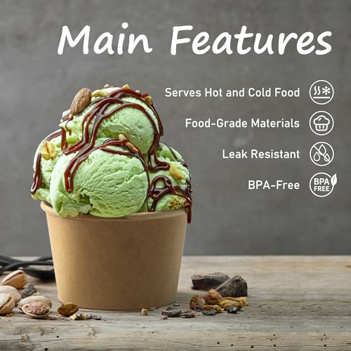 8oz Disposable Paper Ice Cream Cups - 50 Pack, Leak-Resistant Snack Bowls