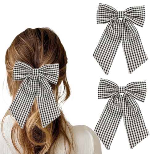 YYKITCHEN 6in Buffalo Plaid Hair Bow & Clip Set for Girls – Alligator Clip Hair Accessories, First Day of School Gift, Black & White, Variation A