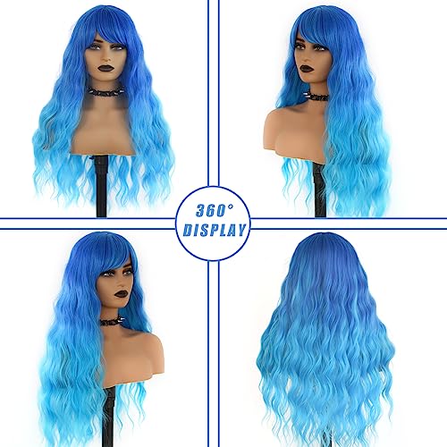 EVLYNN 24-Inch Long Wavy Blue Ombre Wig with Bangs - Heat Resistant Synthetic