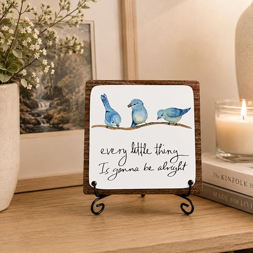 Every Little Thing Is Gonna Be Alright Wooden Plaque Decor - 5x5 Inch Bird Sign with Metal Support